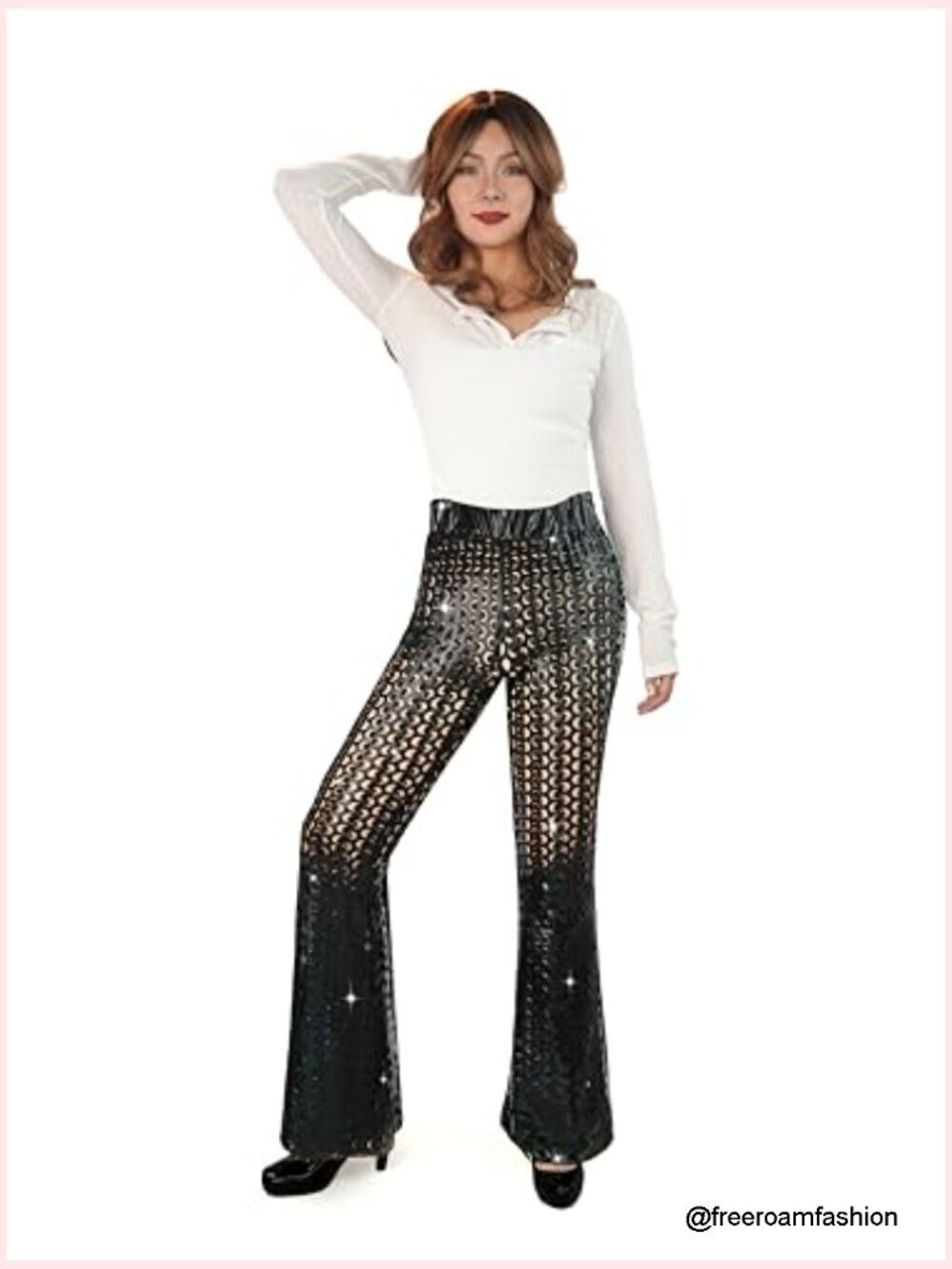 Sequin Flare Pants High Waisted Bell Bottom Sparkly Glitter Party Trousers - Picture 3 of 5